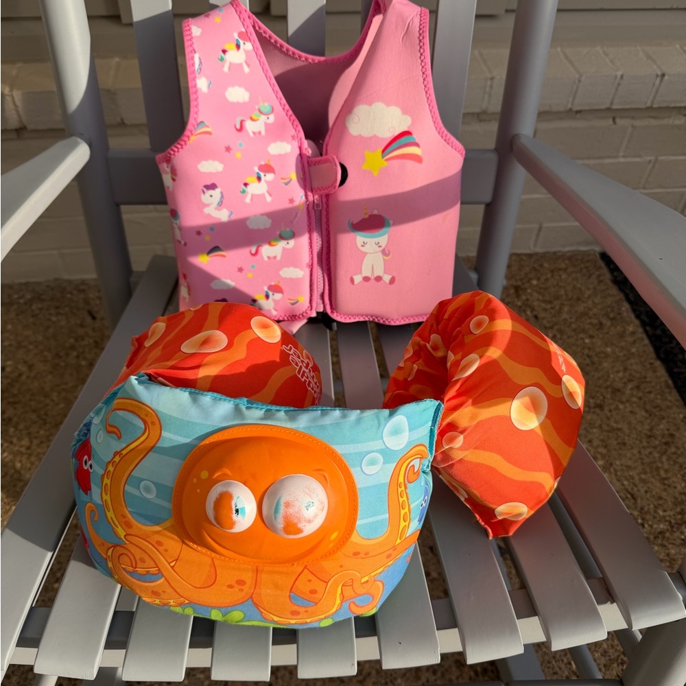 Pink Unicorn Swim Vest and Orange Octopus Floaties